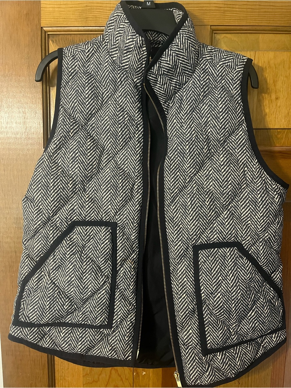 J. Crew Black & White Herringbone Quilted Vest with Contrast Trim
